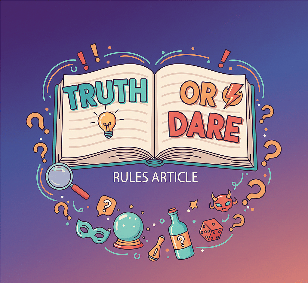 A vibrant, playful illustration featuring an open book with the text "Truth or Dare" across the pages, surrounded by game-themed icons like a lightbulb, a lightning bolt, and a spinning bottle. The design uses a colorful, doodle-style aesthetic on a purple gradient background, specifically tailored for a rules article.
