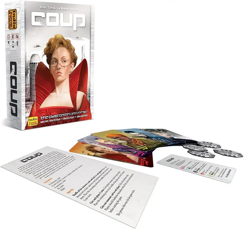 Coup card game compnests including the game box, character cards, coins and rules.