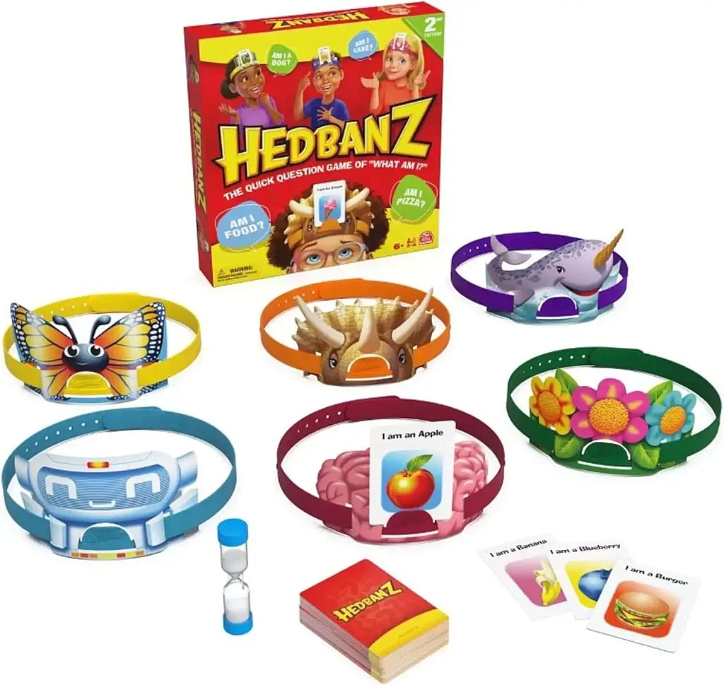 Hedbanz fun guessing party game components including headbands, cards, timer, and game box