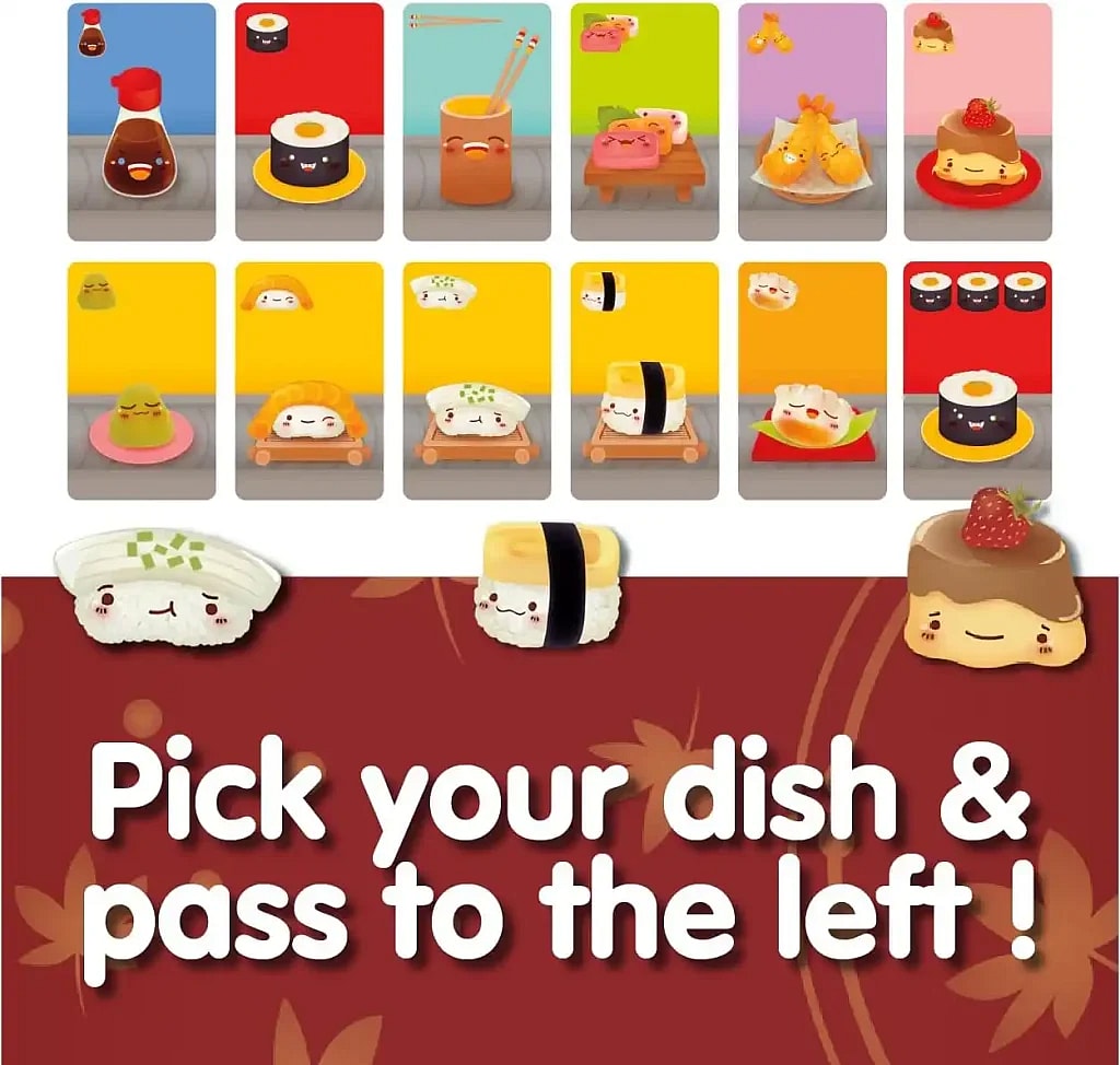 A graphic illustration for the card game "Sushi Go!". The image shows a collection of cute, anthropomorphic sushi cards arranged in two rows. The top row features six different cards, including a bottle of soy sauce, a single sushi roll, a cup of chopsticks, sashimi, tempura, and a pudding dessert. The bottom row displays more nigiri and sushi roll cards, with some containing faces and others not. Below the cards, a large bold text says, "Pick your dish & pass to the left!". Three oversized sushi characters—two nigiri and one pudding—are placed at the bottom of the image, with one of the nigiri and the pudding having faces. The background is red with a subtle leaf pattern.