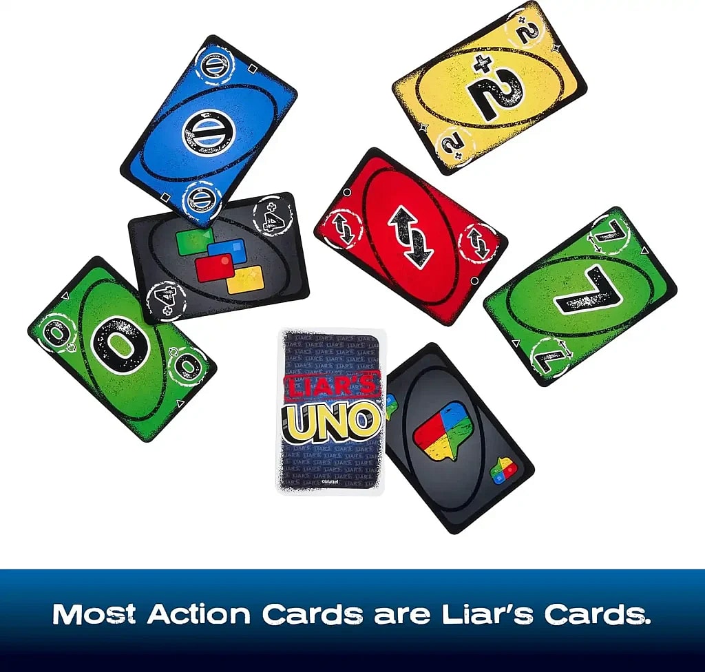 A group of seven UNO Liar's UNO action cards are scattered on a white background. Most of the action cards are face down, with two exceptions: a yellow Draw Two card and a red Reverse card, which are face up. The text below confirms that most action cards are Liar's Cards.