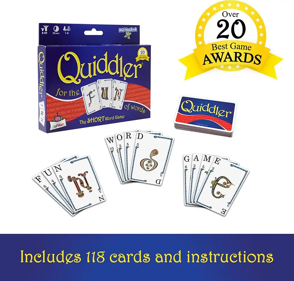 Quiddler game components including cards, game box, and rules for play
