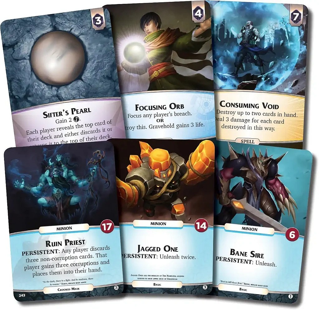 A photo of several different types of cards from the deck-building game Aeon's End. The image features three vertically oriented cards showing a Minion or Enemy type: Ruin Priest (health 17), Jagged One (health 14), and Bane Sire (health 6), all featuring the "Persistent: Unleash" mechanic. Overlapping them are three horizontally oriented cards representing player items and spells: Sifter's Pearl (Cost 3), Focusing Orb (Cost 4), and Consuming Void (Cost 7). The cards display their cost, type, and specific effects.