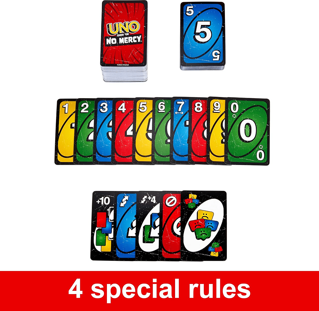 Uno Show'em No Mercy 4 special rules game illustration with uno cards and deck