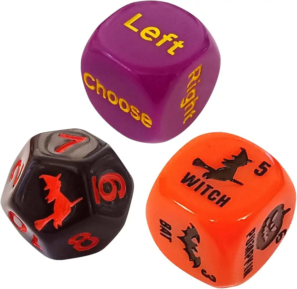 A close-up photograph features dice from the Ditch the Witch game.The die is purple with yellow text on its faces, showing the words "Left," "Choose," and "Right".
