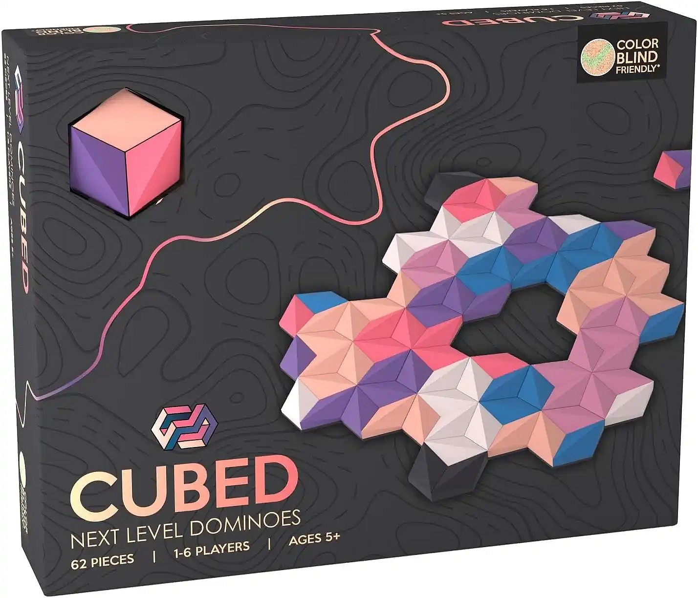 The image shows a board game box for "CUBED: Next Level Dominoes" at a slight angle. The box is black with a topographic map-like design in light pink. The game's title is prominently featured on the front, with text indicating it's for 1-6 players, ages 5+, and includes 62 pieces. A "COLOR BLIND FRIENDLY*" label is in the top right corner. The box lid also shows an arrangement of the colorful hexagonal game pieces.