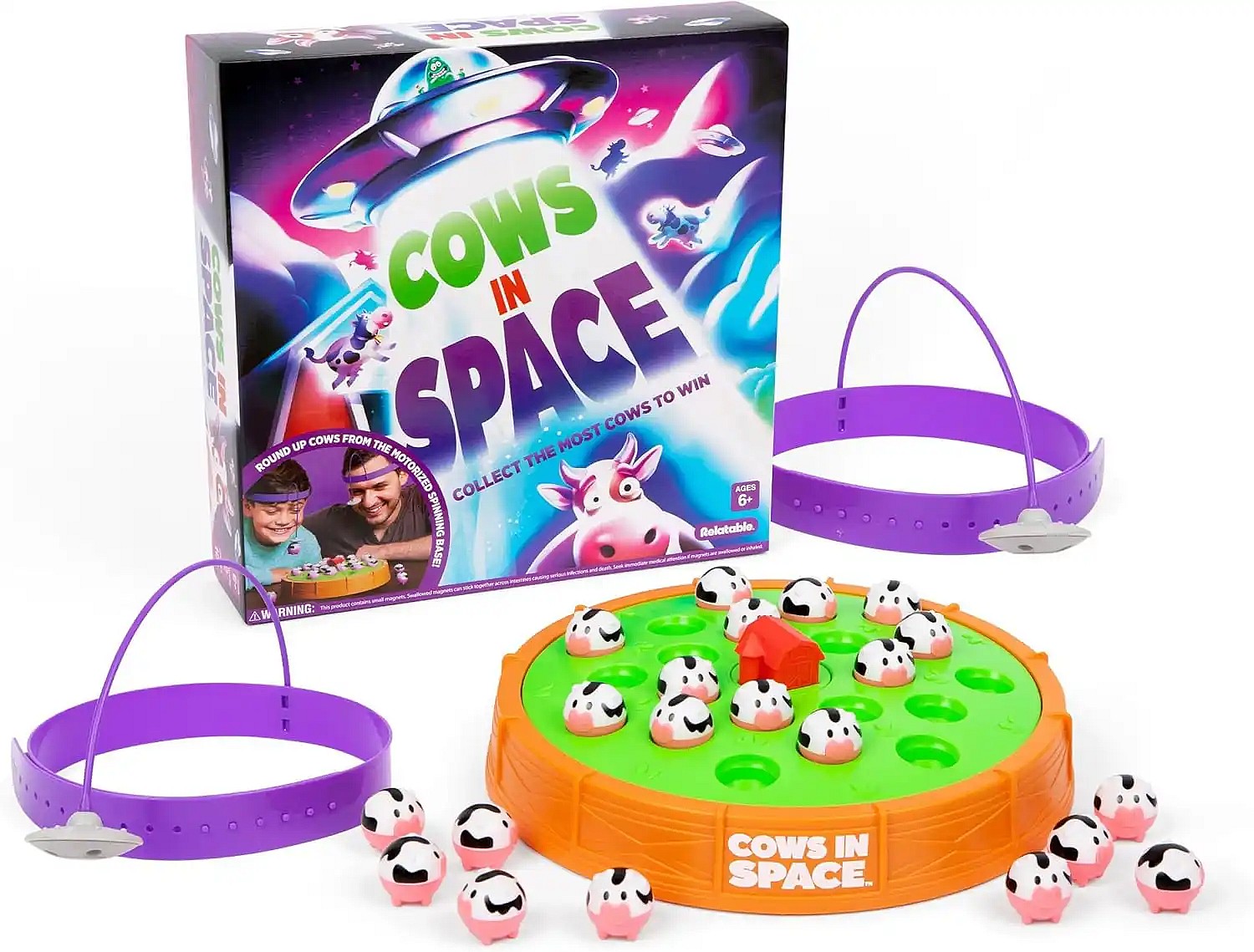 Cows in space fun kids board game product photo. Game box, game board, and ufo headbands