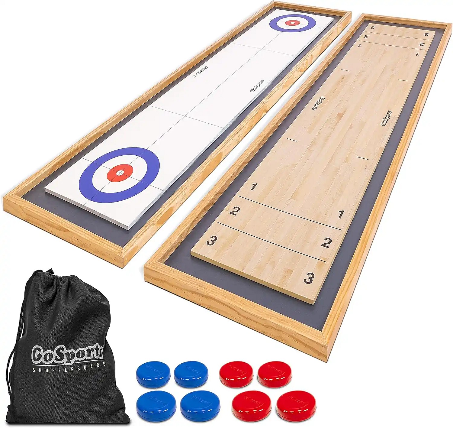 Shuffleboard with pucks, and bag, white background