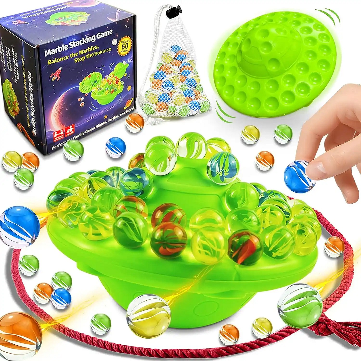 Marble Balance Board Game with 60 Glass Marbles & Storage Base - Fun Family Board Game for Kids & Adults, Party Game for 1-4 Players | Educational STEM Toy & Birthday for Kids Ages 8-12