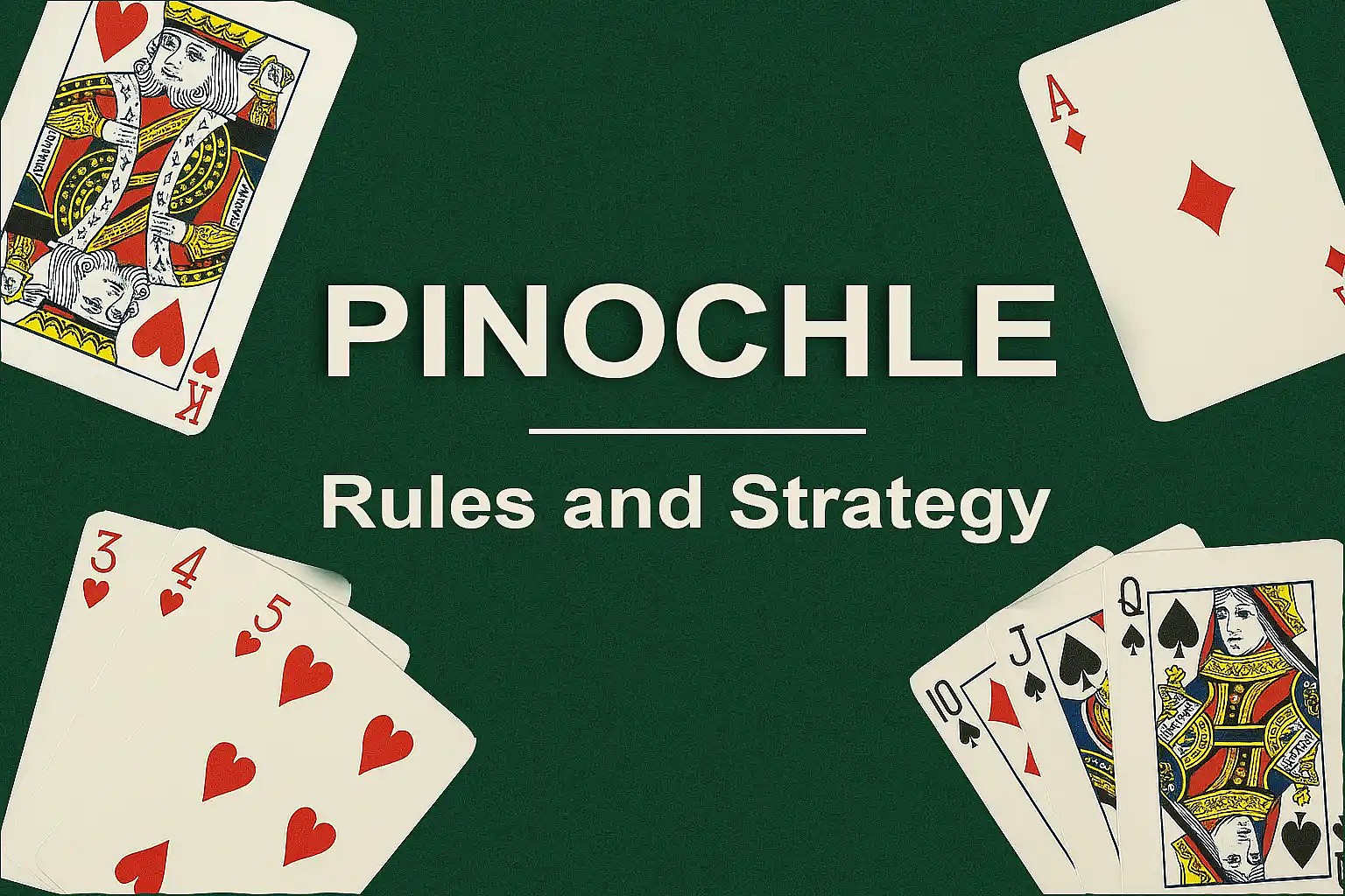 Pinochle Rules and Strategy title card with green felt background and playing cards scattered around it