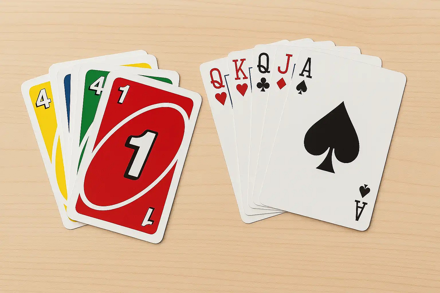A high-angle, eye-level shot shows two stacks of cards on a light wood surface. On the left is a colorful stack of UNO cards. The top card is red with a large white "1." Underneath are a green "4," a blue card, and a yellow card. The stack on the right is a fan of five playing cards from a standard deck. The cards are all spades and are fanned out in ascending order, from the Jack to the Ace. The cards are clean and new, with the white space around the suits and numbers being bright and crisp. How to play uno with normal cards.