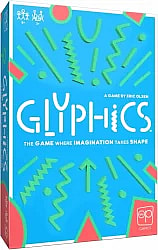 A bright, vivid blue board game box for the game 'GLYPHICS'. The title 'GLYPHICS' is written in large white font with some letters composed of small geometric shapes. The box features an energetic, abstract pattern of bright green geometric shapes like zig-zags, arrows, and straight lines, along with pink/red triangles and circles. Below the title is the tagline 'THE GAME WHERE IMAGINATION TAKES SHAPE' and the designer credit 'A GAME BY ERIC OLSEN'. The upper left corner displays player icons indicating it's for 8+ and 3+ players. The bottom right corner shows the 'OP GAMES' logo.