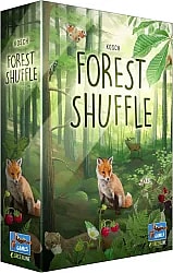 An upright, three-quarter view of the retail box for the board game Forest Shuffle. The box features lush, realistic artwork of a sun-drenched forest scene with various animals and plants. The title "FOREST SHUFFLE" is prominently displayed in large, green letters across the center, with the designer's name, "KOSCH," above it. In the foreground, two red foxes are visible, one on the left and one on the right, sitting among strawberries and other forest floor greenery. A pine marten is nestled near the bottom center. Other animals depicted include a deer in the middle-right background, a woodpecker on a tree trunk on the left, and a butterfly fluttering near the top center. The box corners feature the "Lookout Games" logo.