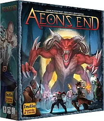 A close-up of the Aeon's End board game box cover, featuring a female breach mage with glowing eyes casting a spell and a monstrous nemesis in the background.
