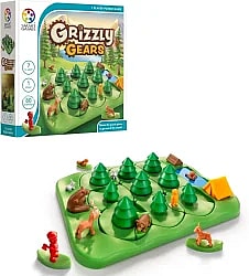Grizzly Gears puzzle game by SmartGames featuring a forest-themed logic board with rotating gears, trees, and animal figurines.