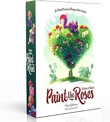 The game shown in the image is Paint the Roses: Deluxe Edition, a cooperative deduction and tile-laying board game for 2 to 5 players, typically aged 11 and up, with a playing time of about 50-70 minutes.