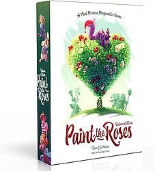 The game shown in the image is Paint the Roses: Deluxe Edition, a cooperative deduction and tile-laying board game for 2 to 5 players, typically aged 11 and up, with a playing time of about 50-70 minutes.