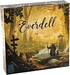 A close-up shot of the box for the board game Everdell. The artwork depicts a whimsical forest scene bathed in golden sunlight, showing various anthropomorphic woodland creatures (a badger, a squirrel, a mouse) in a clearing near a stream and a small village with miniature, charming structures, including a clock tower. The game's title, "Everdell," is written prominently in a script font across the center, and the names of the designer (James A. Wilson) and artist (Andrew Bosley) are also visible.