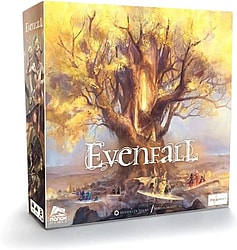 Board game box for 'Evenfall' featuring a central, large ancient tree with glowing yellow and gold leaves, and several small figures at its base. The box side includes character art.