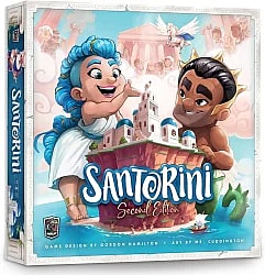 A close-up view of the Santorini: Second Edition board game box art, featuring two cartoon-like Greek god figures smiling and building a white and blue tower structure.