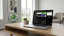 An Apple Mac laptop open to a DraftKings webpage on a sleek wooden table, with a green gambling icon featuring playing cards and dice superimposed on the wall to the left.