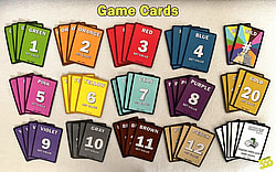 A flat-lay photograph showing multiple stacks of cards from the card game "Triple Threes!". Each stack has a different color and a large number in the center, ranging from 1 to 12. There are also three special card stacks: one with a multicolored "Wild" card, one with a "Gold" card, and one with a "Show" card featuring a hand of cards. The cards are arranged in three horizontal rows and are labeled with text, such as "Green 1," "Orange 2," "Red 3," and so on, up to "Peach 12." The stacks are fanned out slightly to show multiple cards in each group.