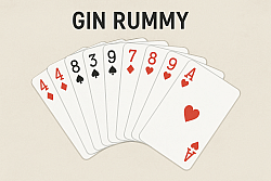 A fan of eight playing cards is displayed against a plain background under the title "GIN RUMMY." The visible cards, fanned from left to right, are: 4 of Diamonds, 8 of Spades, 3 of Spades, 9 of Spades, 7 of Diamonds, 8 of Hearts, 9 of Hearts, and Ace of Hearts (showing the full card face).