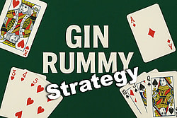 Gin Rummy Strategy headline text, green felt background, various playing cards surrounding it