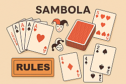 Illustration of the Sambola card game showing a hand of cards including Aces, a Joker, 2s, 3s, and 4s, a stack of red-backed cards, two joker icons, and the word “SAMBOLA” displayed prominently.