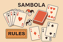 Illustration of the Sambola card game showing a hand of cards including Aces, a Joker, 2s, 3s, and 4s, a stack of red-backed cards, two joker icons, and the word “SAMBOLA” displayed prominently.
