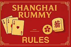 The first image is the box cover for the cooperative deck-building game Aeon's End (Second Edition), featuring a group of mages battling a massive, red, horned demon. The second image is a graphic on a red background with a yellow border, featuring the text "SHANGHAI RUMMY" and "SMCH RUMMY," along with three playing cards (Aces) and two small, round, and square game tokens with Chinese-style characters.
