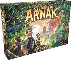 The box features the title LOST RUINS OF ARNAK prominently, along with the names of the designers, MIN & ELWEN, and the publisher's logo, CGE (Czech Games Edition). The artwork shows adventurers in a lush, dense jungle setting with ancient ruins in the background.