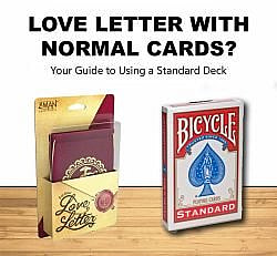 An infographic titled "Love Letter WITH NORMAL CARDS? Your Guide to Using a Standard Deck" featuring side-by-side images of a Love Letter card game box and a classic red-and-white Bicycle standard playing card deck.