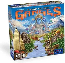 A product shot of the game box for the board game Rajas of the Ganges. The box art is vibrant and features a detailed, fantastical scene set in India: a wide river (the Ganges) flows through a valley with lush vegetation, ancient temple ruins (like a ziggurat), and ornate gold-domed palaces. In the sky above the river, a large, six-armed Hindu deity (likely Vishnu or a related figure) is depicted, holding colorful orbs. The game's title, "Rajas of the Ganges," is written prominently in large, orange and blue stylized letters.