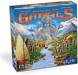 A product shot of the game box for the board game Rajas of the Ganges. The box art is vibrant and features a detailed, fantastical scene set in India: a wide river (the Ganges) flows through a valley with lush vegetation, ancient temple ruins (like a ziggurat), and ornate gold-domed palaces. In the sky above the river, a large, six-armed Hindu deity (likely Vishnu or a related figure) is depicted, holding colorful orbs. The game's title, "Rajas of the Ganges," is written prominently in large, orange and blue stylized letters.