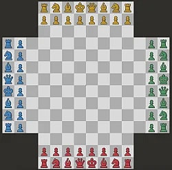 digital 4 player chess board with blue, yellow, green, and red pieces.