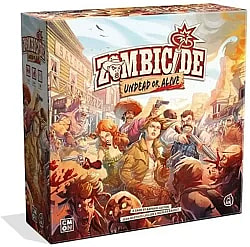 This is an image of the retail box for the board game Zombicide: Undead or Alive, which features a large, dynamic illustration of a group of survivors fighting off a horde of zombies in a Wild West setting, with a saloon visible in the background. The box art highlights the game's theme of cooperative zombie-slaying action.