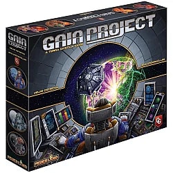 A high-angle view of the box art for the board game Gaia Project: A Terra Mystica Game, showing a figure in a high-tech control room steering a spaceship toward a glowing green and purple planet. The title is prominent in silver lettering.