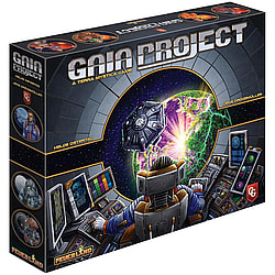 A high-angle view of the box art for the board game Gaia Project: A Terra Mystica Game, showing a figure in a high-tech control room steering a spaceship toward a glowing green and purple planet. The title is prominent in silver lettering.