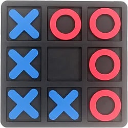 black tic tac toe board with blue x's and red o's on the board