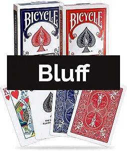 two decks of red and blue bicycle playing cards labeled Bluff or the card game