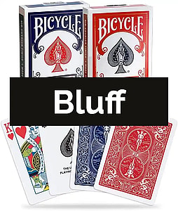 two decks of red and blue bicycle playing cards labeled Bluff or the card game