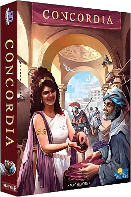 This image is the box art for the board game Concordia, featuring a central illustration of a woman in Roman attire exchanging goods with an older man in a market setting. The background includes Roman architecture, a soldier, and a glimpse of what appears to be the Colosseum, highlighting the game's theme of trade and expansion in the Roman Empire.