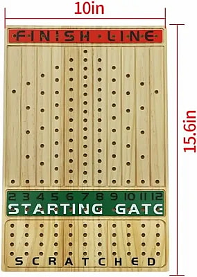 top down photo of the horse racing wooden board game, showing the starting gate and numbered lanes