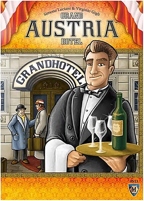 Cover art for the board game Grand Austria Hotel, featuring a smiling waiter in a tuxedo holding a tray with a green bottle of wine and three empty wine glasses, standing in front of the Grandhotel entrance with two guests carrying suitcases.