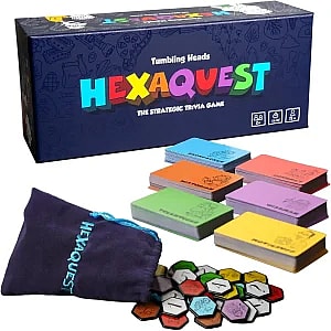Hexaquest trivia game components including cards, tiles, game box, and rules