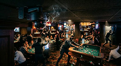 a dark, cinematic photo of a casino heist, with masked figures in tactical gear. One figure reaches over a craps table grabbing chips, while in the foreground, a broken security camera is smoking. Other armed, masked individuals are visible, including one pointing a firearm and another running toward a vault, creating a scene of tension and chaos.