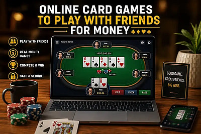 A laptop and smartphone displaying an online poker game interface, promoting real money card games to play with friends, featuring poker chips, playing cards, and text highlighting safe and secure gameplay.