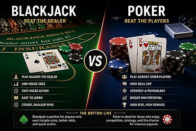 Blackjack vs poker comparison showing cards, poker chips, and key differences between the two casino games.