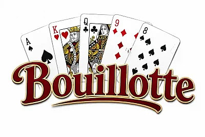 Bouillotte stylized text superimposed of a few playing cards fanned out with a white background